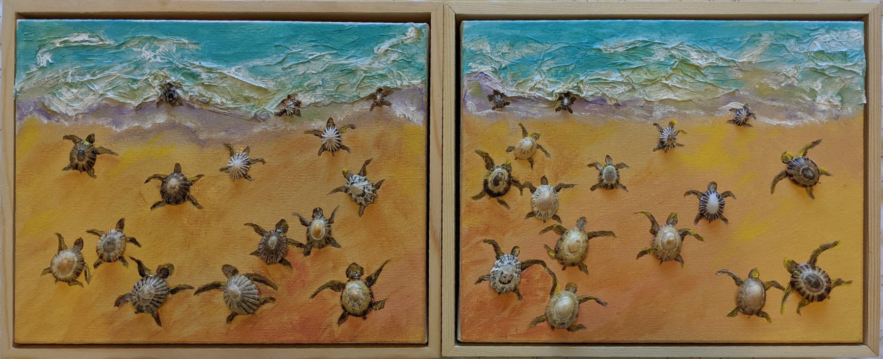 Sheryl Stuart - Hatchlings - Collage (oil, tissue paper and shells) - 55 x 22cm
